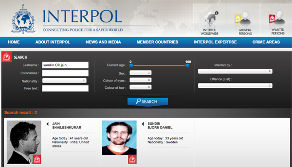 Jain and Sundin, wanted by Interpol