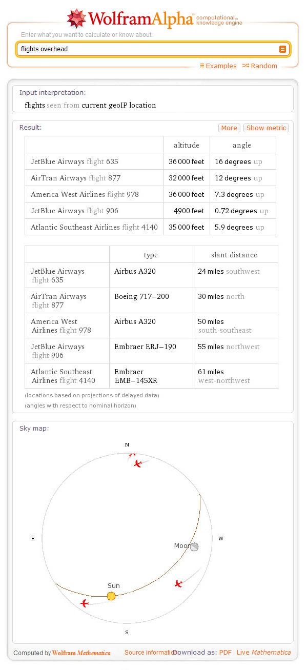 Wolfram Alpha flights overhead
