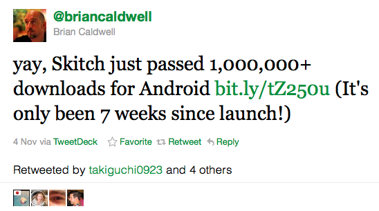 Το Tweet που αναφέρει το ρεκόρ του Skitch για Android