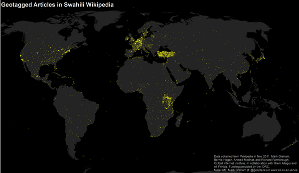 Η γεωγραφική κατανομή των λημμάτων στην έκδοση της Wikipedia στα Σουαχίλι
