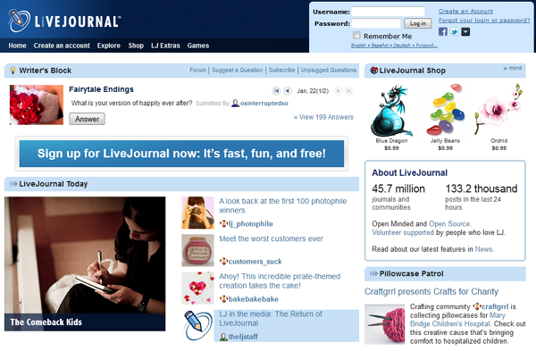 Η αρχική σελίδα του LiveJournal