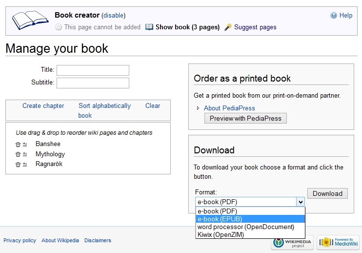 Wikipedia ebook creation